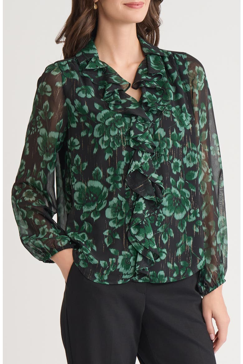Floral Metallic Ruffle Chiffon Top, Alternate, color, BLACK MULTI