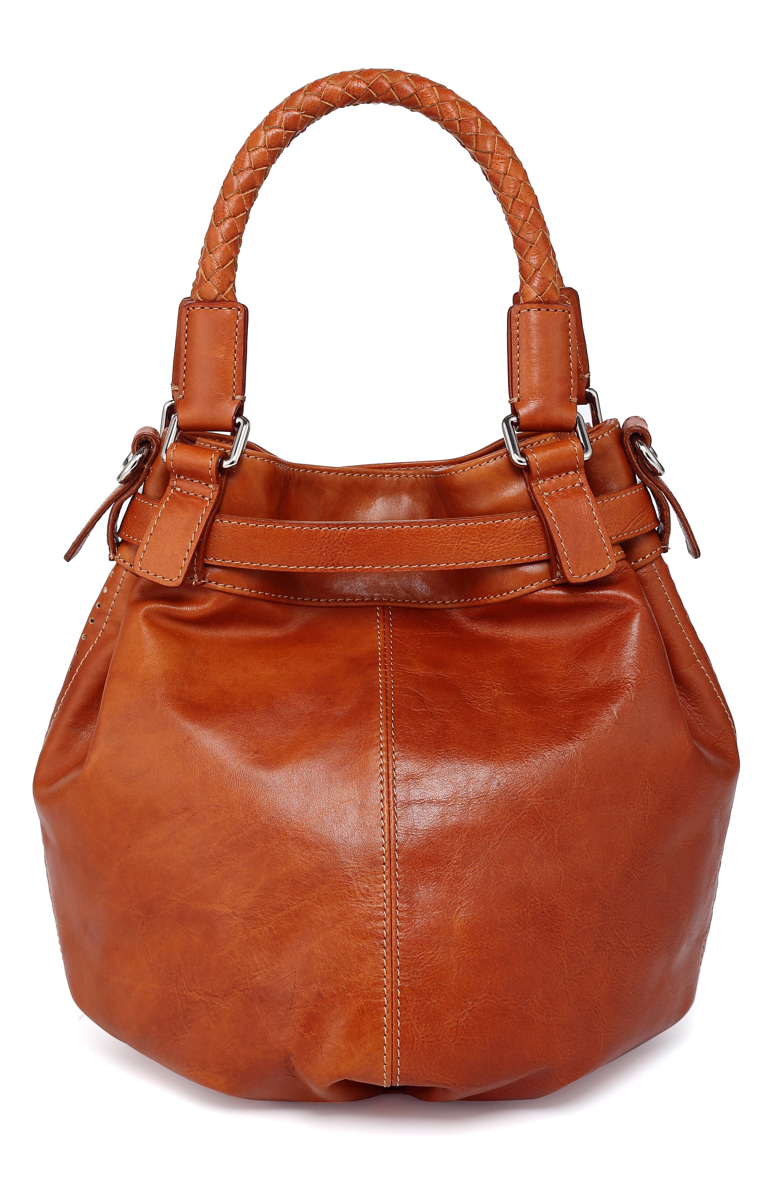 Leather Pumpkin Bucket Bag, Alternate, color, COGNAC