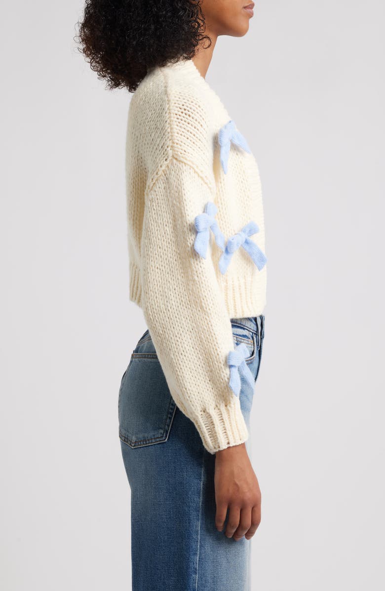 Roffe Accessories Bow Accent Crop Open Front Cardigan, Alternate, color, Ivory