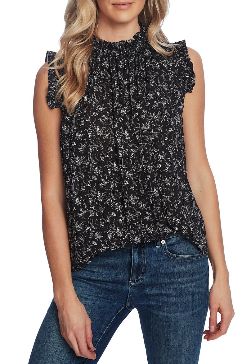 Floral High Neck Ruffle Sleeveless Blouse, Main, color, RICH BLACK