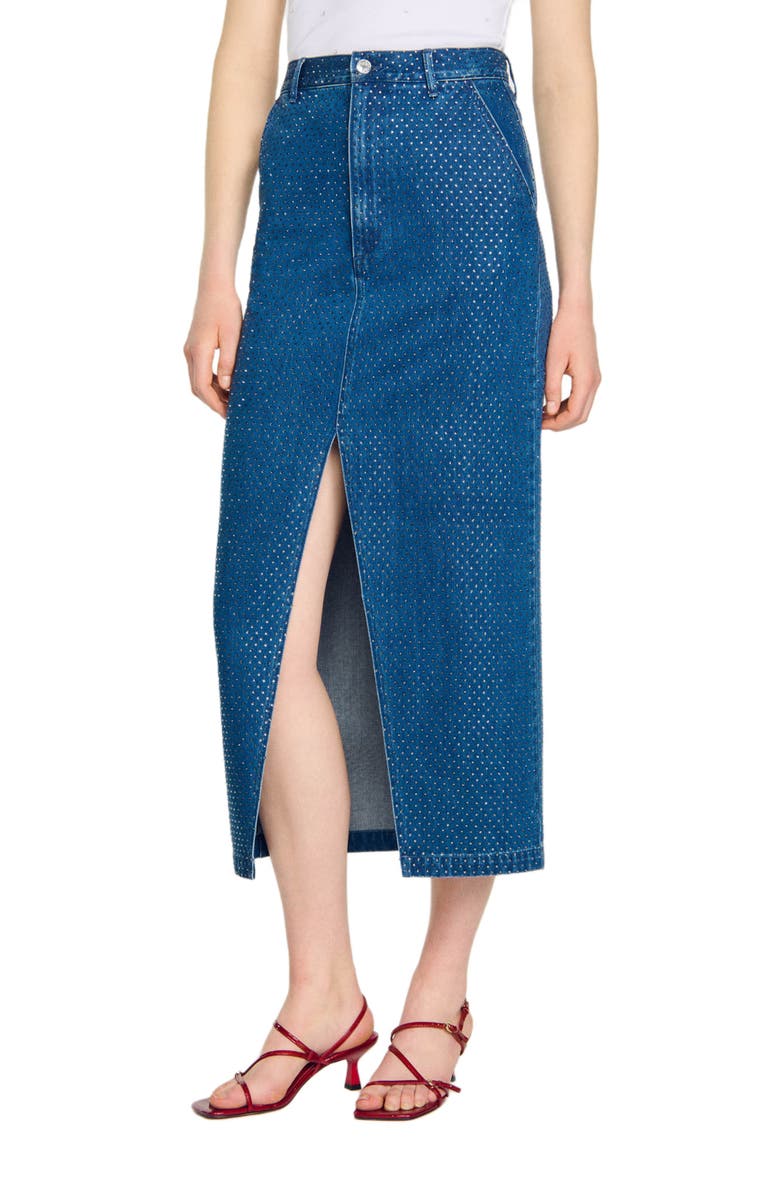 SANDRO Rhinestone denim maxi skirt, Main, color, 