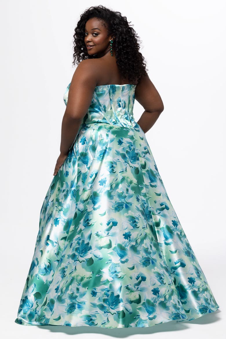 Strapless A-line Satin Plus Size Formal Dress, Alternate, color, Green Floral