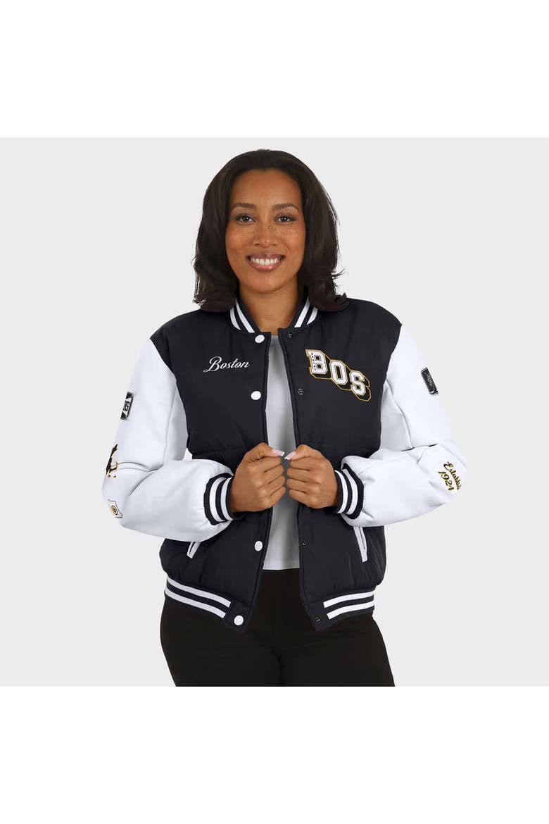 Women's WEAR by Erin Andrews Black/White Boston Bruins Varsity Full-Snap Puffer Jacket, Alternate, color, Black