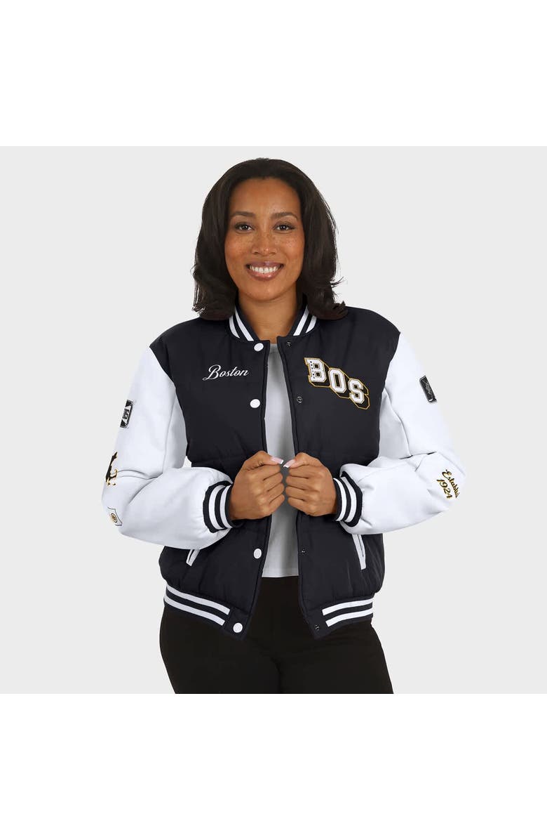 WEAR by Erin Andrews Women's WEAR by Erin Andrews Black/White Boston Bruins Varsity Full-Snap Puffer Jacket, Alternate, color, Black