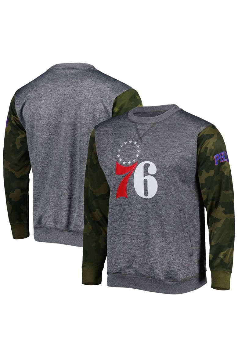 Men's Fanatics Branded Heather Charcoal Philadelphia 76ers Camo Stitched Sweatshirt, Main, color, Heather Charcoal