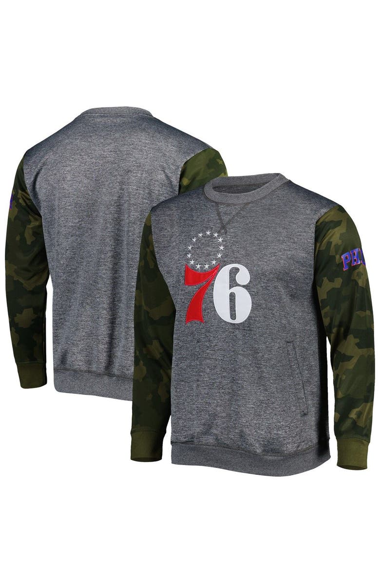 FANATICS Men's Fanatics Branded Heather Charcoal Philadelphia 76ers Camo Stitched Sweatshirt, Main, color, Heather Charcoal