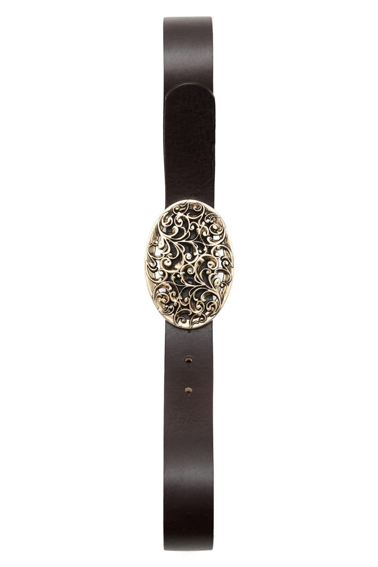 Engraved Buckle Leather Belt, Alternate, color, CHOCOLATE