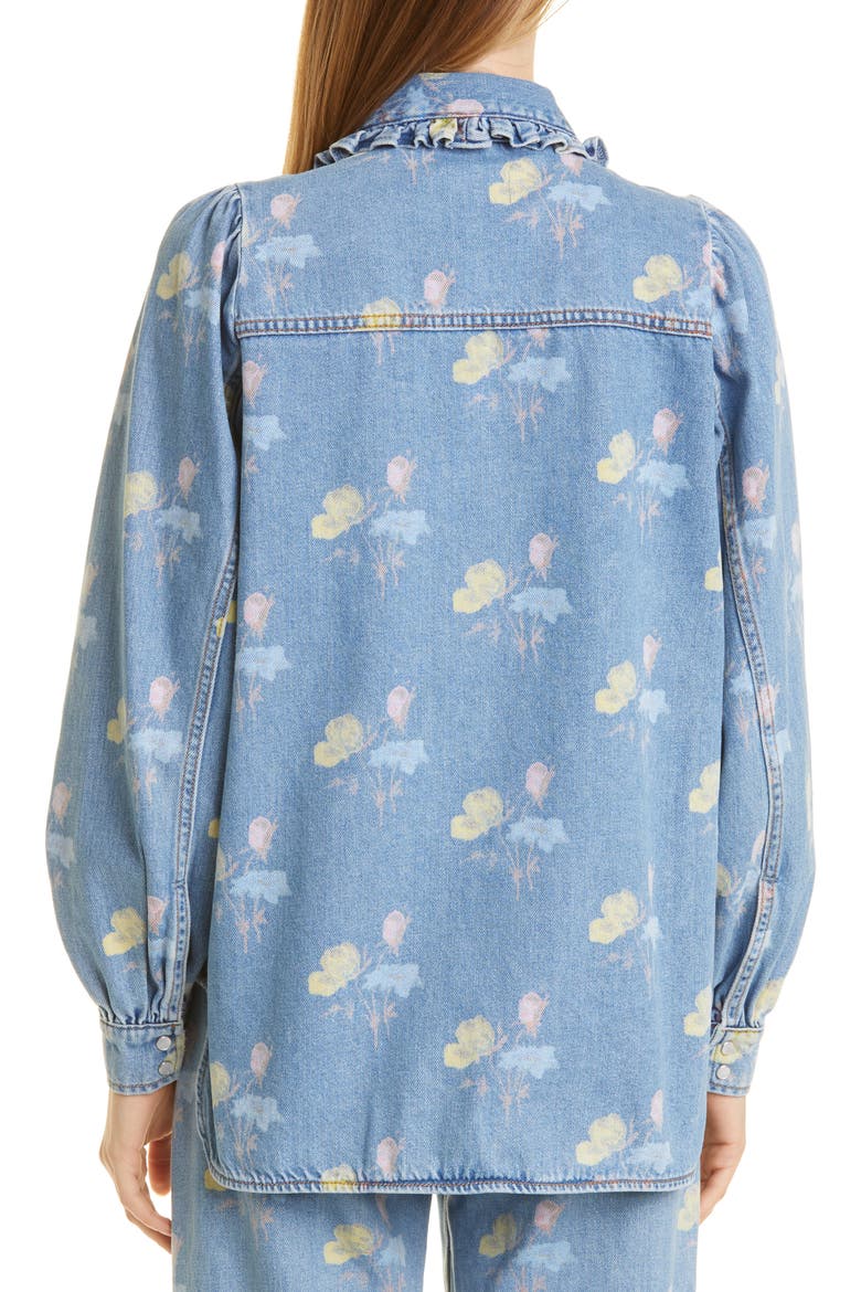 Print Indigo Frill Collar Organic Cotton Denim Shirt, Alternate, color, BLEACH BLUE