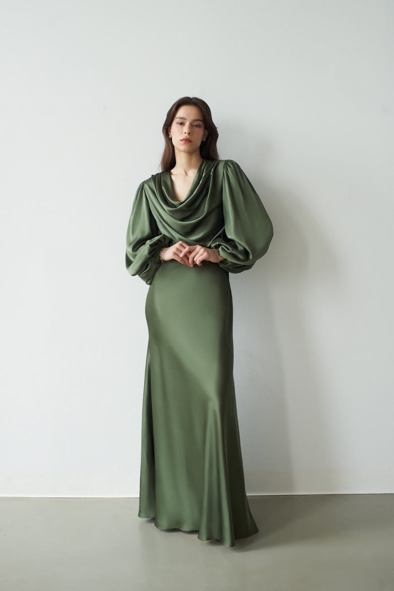 Alia Cowl Neck Gown Green Lily, Alternate, color, Green Lily