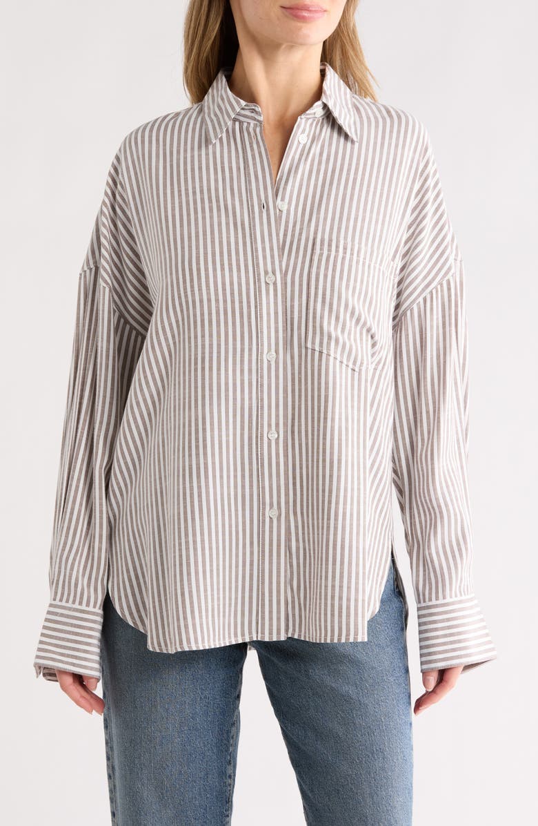 MAX STUDIO Oversize Stripe Button-Up Shirt, Main, color, Toffee/ Black Frame Stripe