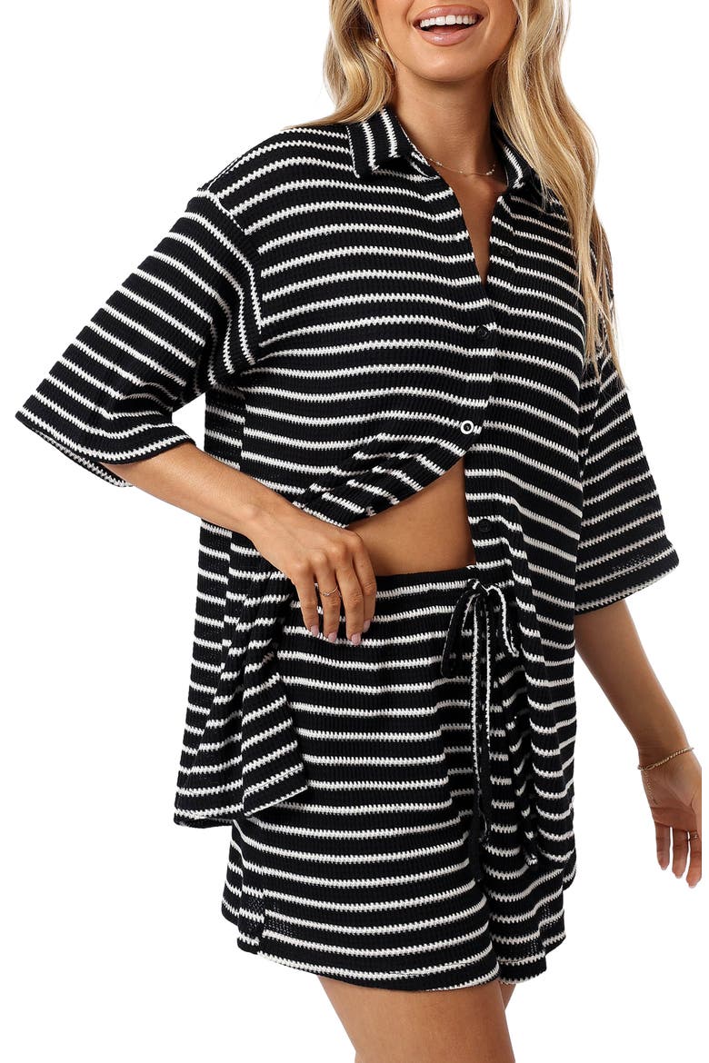Linnea Stripe Cotton Knit Button-Up Shirt & Shorts Set, Alternate, color, BLACK WHITE