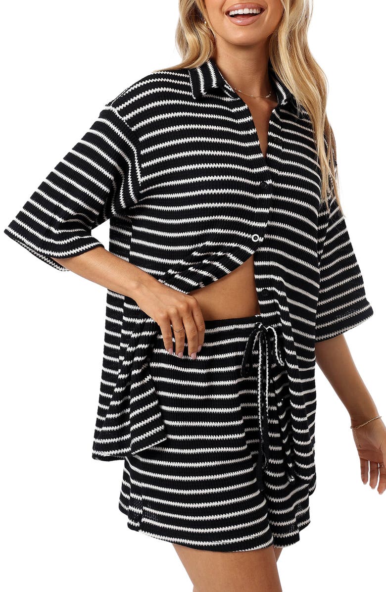 Petal & Pup Linnea Stripe Cotton Knit Button-Up Shirt & Shorts Set, Alternate, color, Black White