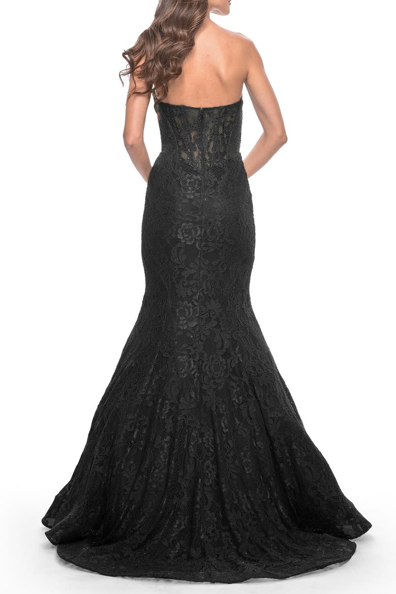 Mermaid Stretch Lace Dress with Bustier Top and Sheer Back, Alternate, color, Black