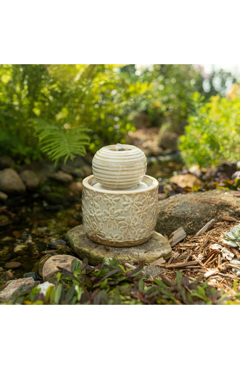 Foreside Home and Garden 7" x 8" Abeline Floral White Glaze Stoneware Antique Plug-In Decorative Water Fountain, Alternate, color, White