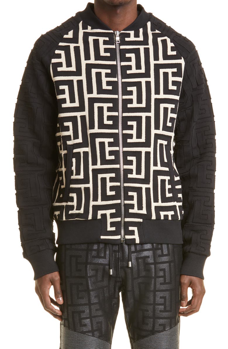 Balmain Maxi Monogram Knit Bomber Jacket, Main, color,