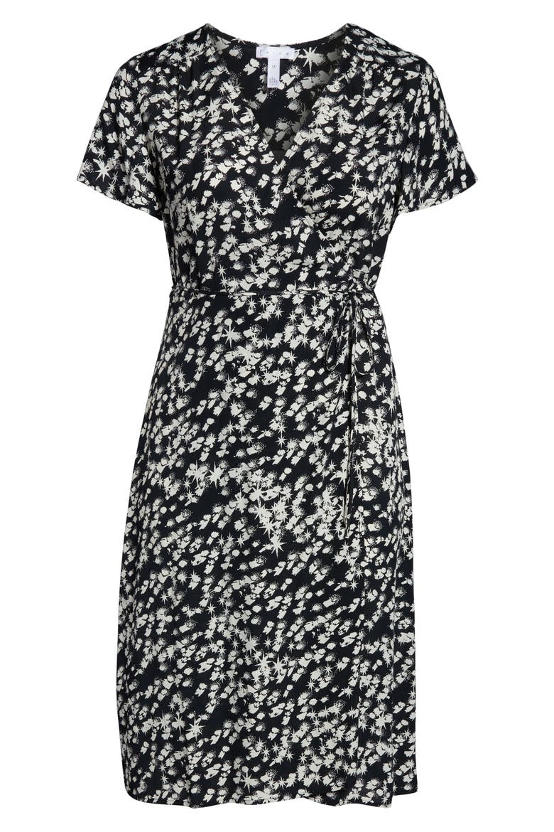 Print Flutter Sleeve Wrap Dress, Alternate, color, BLACK STARBURST