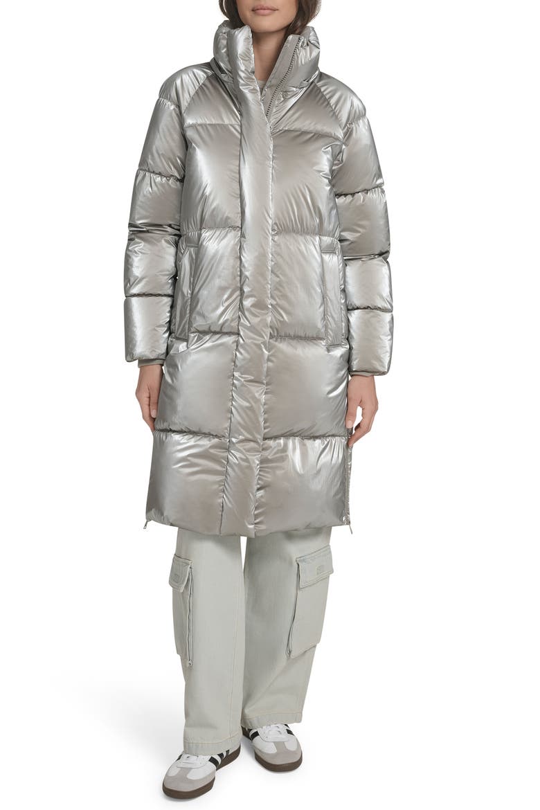 Water Resistant Mid Length Hooded Puffer Jacket, Alternate, color, SILVER