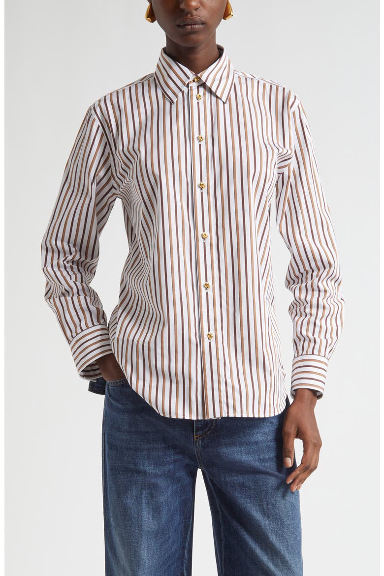 Bold Stripe Cotton Poplin Button-Up Shirt, Main, color, 9070 CHALK/ TOFFEE/ BROWN