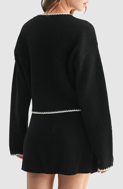 Lush Contrast Rosette Trim Cardigan Sweater In Black