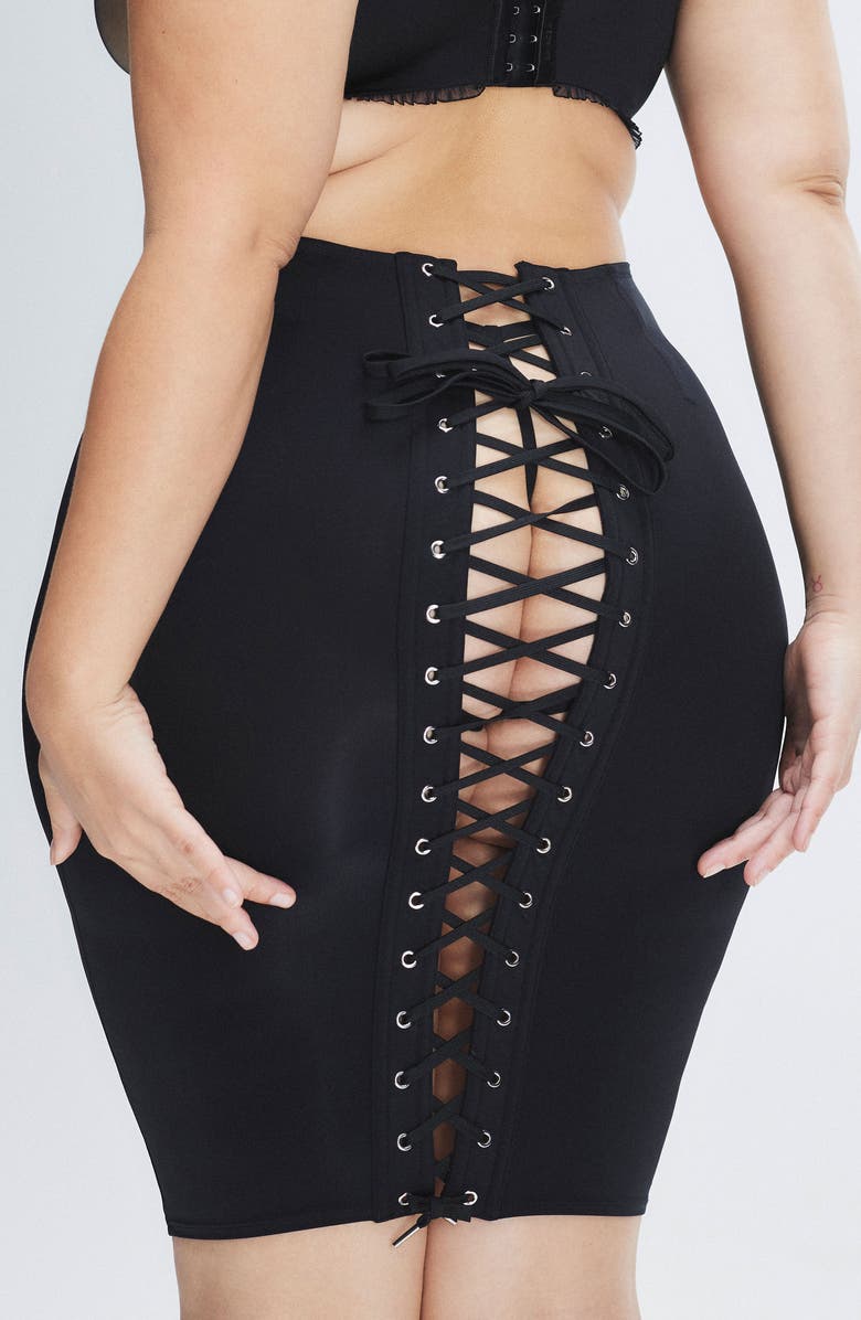 SAVAGE X FENTY Loveline Lace-Up Skirt, Alternate, color, Black Caviar