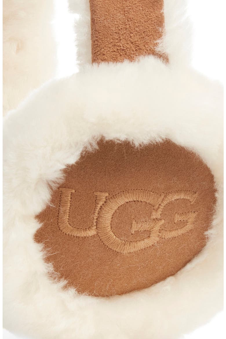 Logo Embroidered Genuine Shearling Earmuffs, Alternate, color, CHESTNUT