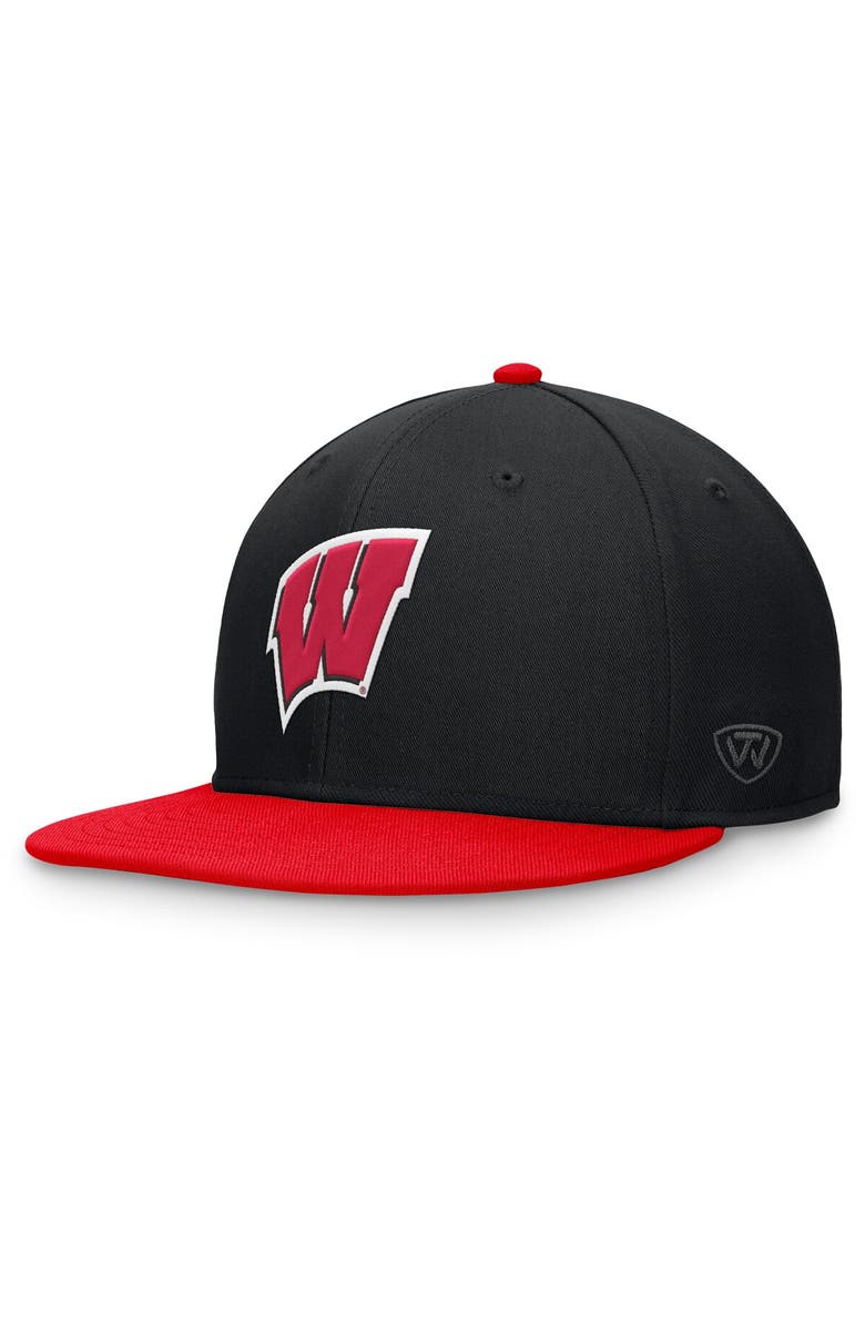 TOP OF THE WORLD Men's Top of the World Black/Red Wisconsin Badgers Rally Two-Tone Fitted Hat, Alternate, color, Black