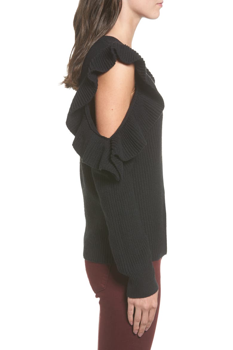 Ruffle Cold Shoulder Sweater, Alternate, color, BLACK