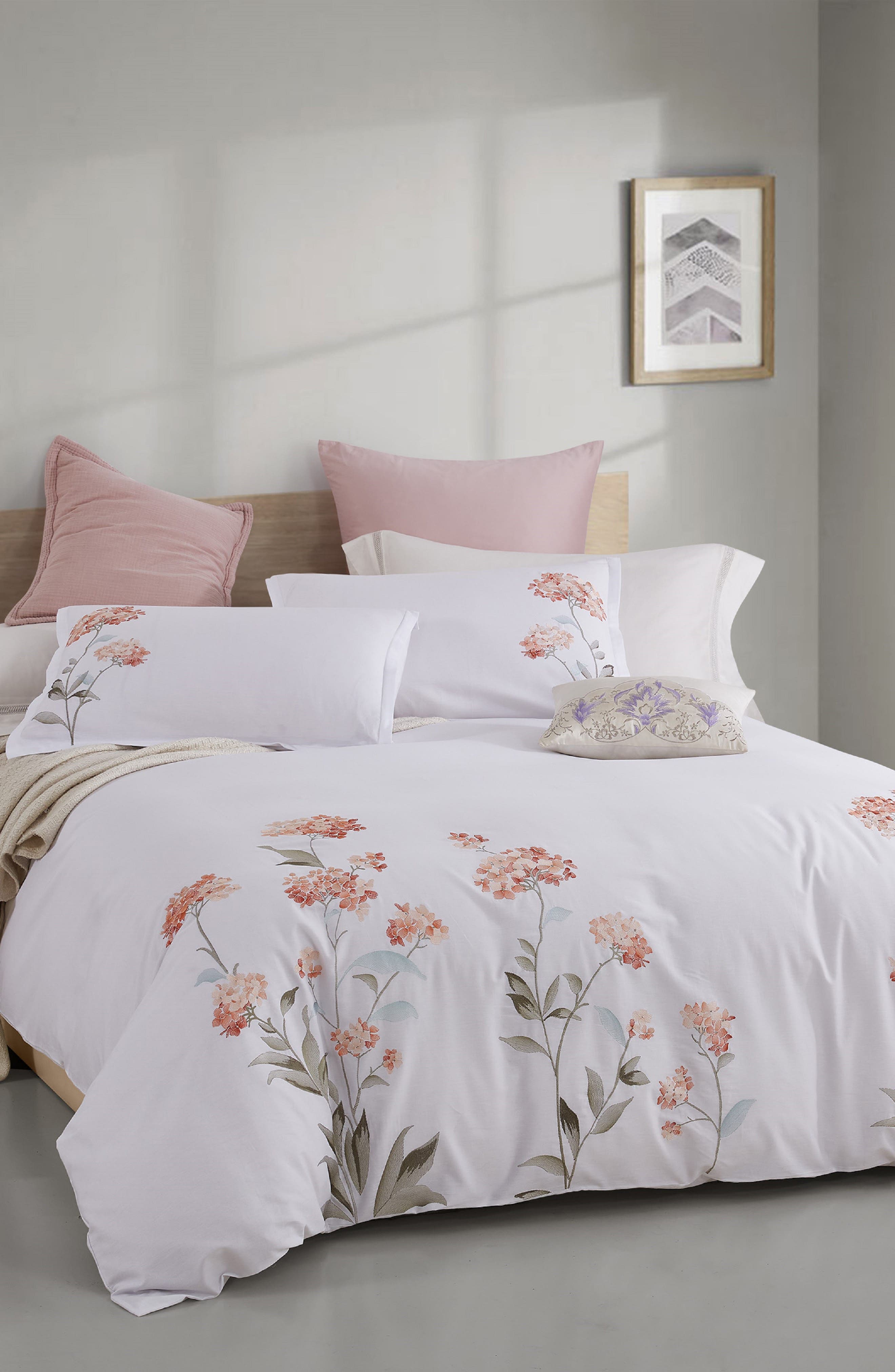 MELANGE HOME Orange Hydrangea Embroidery Duvet Cover Set
