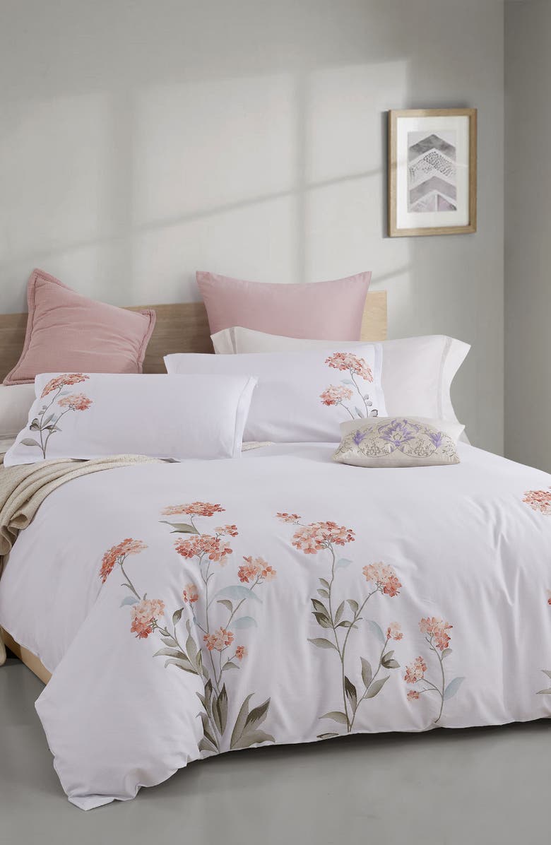 MELANGE HOME Orange Hydrangea Embroidery Duvet Cover Set, Main, color, Orange/ White