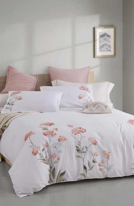 MELANGE HOME Orange Hydrangea Embroidery Duvet Cover Set