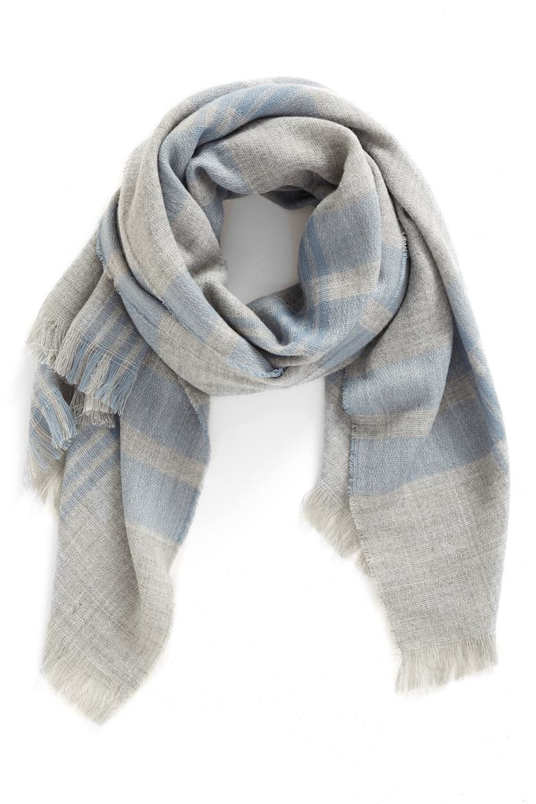 Heathered Plaid Scarf, Main, color, GREY/ BLUE