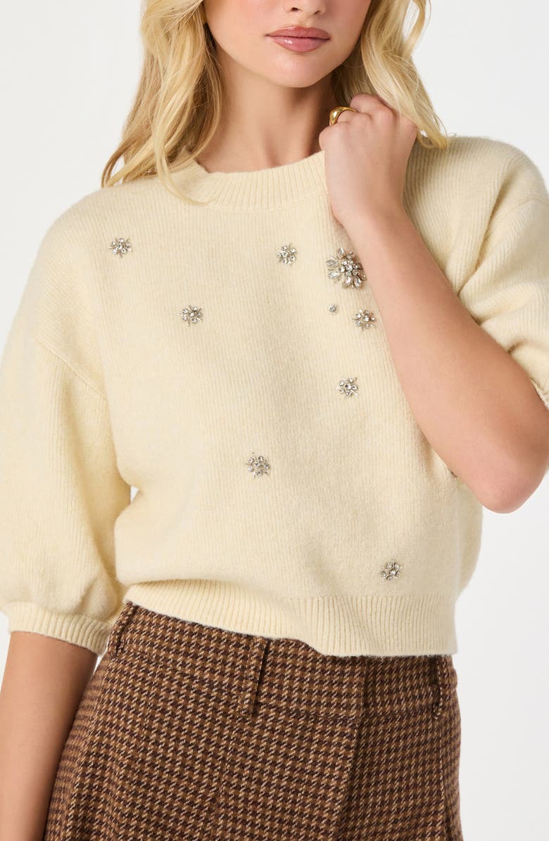 ASTR the Label Crystal Embellished Short Sleeve Sweater, Alternate, color, Cream