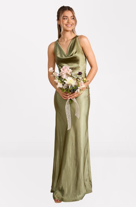 Cowl Front Satin Bridesmaid Dress