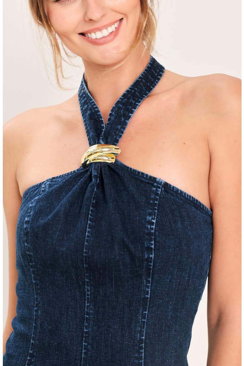 Halter Neck Denim Midi Dress, Alternate, color, DARK INDIGO