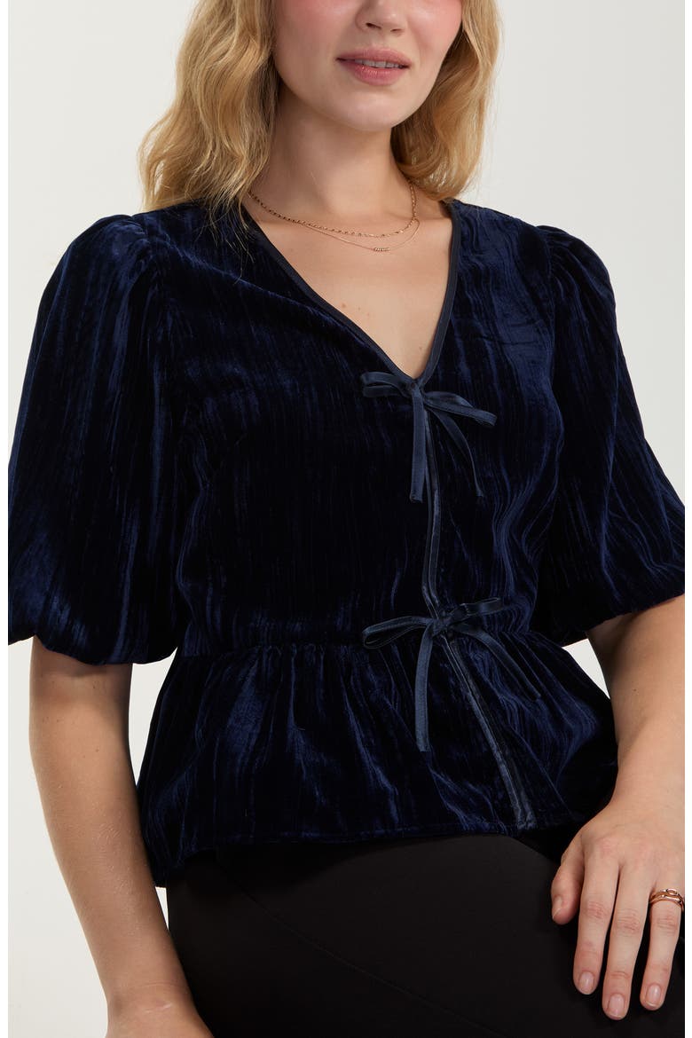 Tie Front Crinkle Velvet Peplum Top, Main, color, DARK BLUE