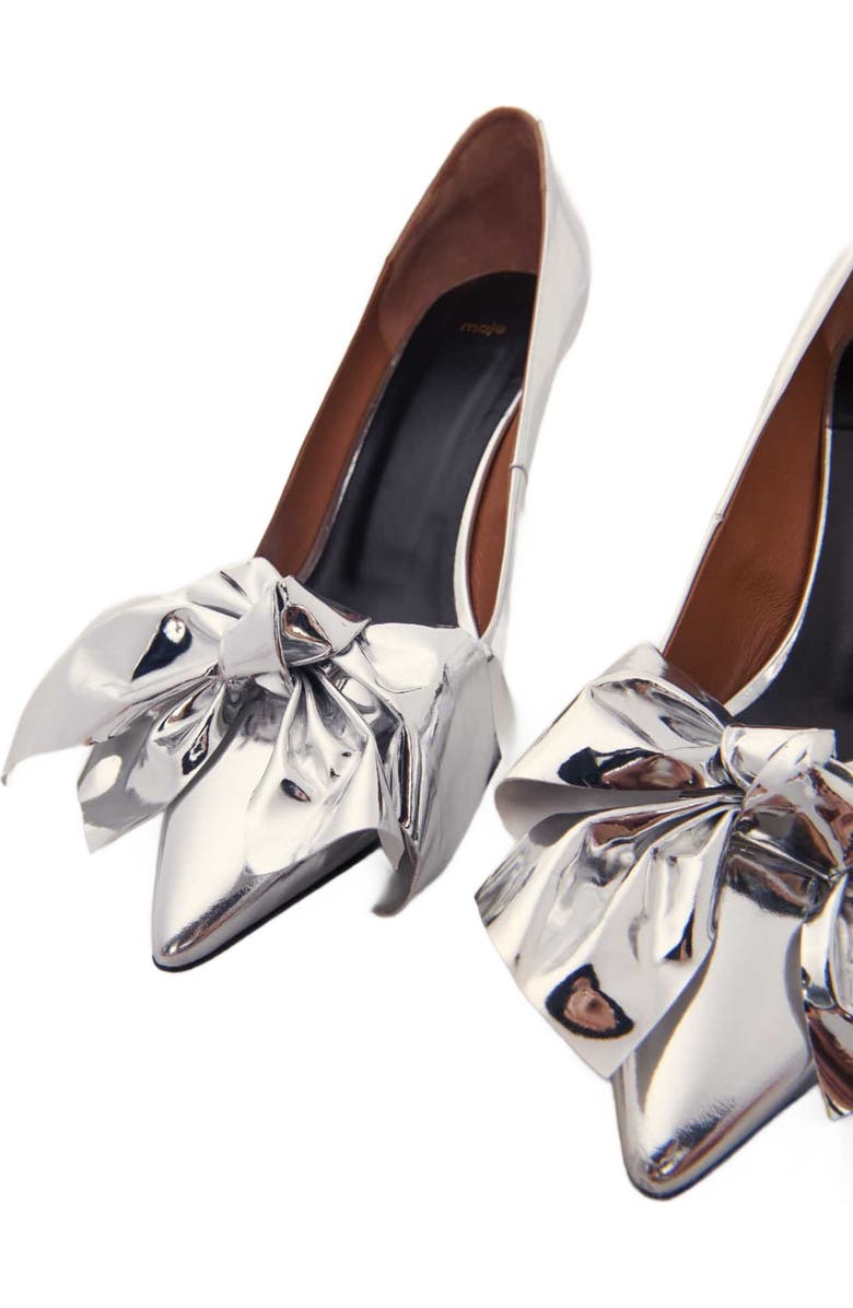 maje Leather pumps with bow detail, Alternate, color, Silver