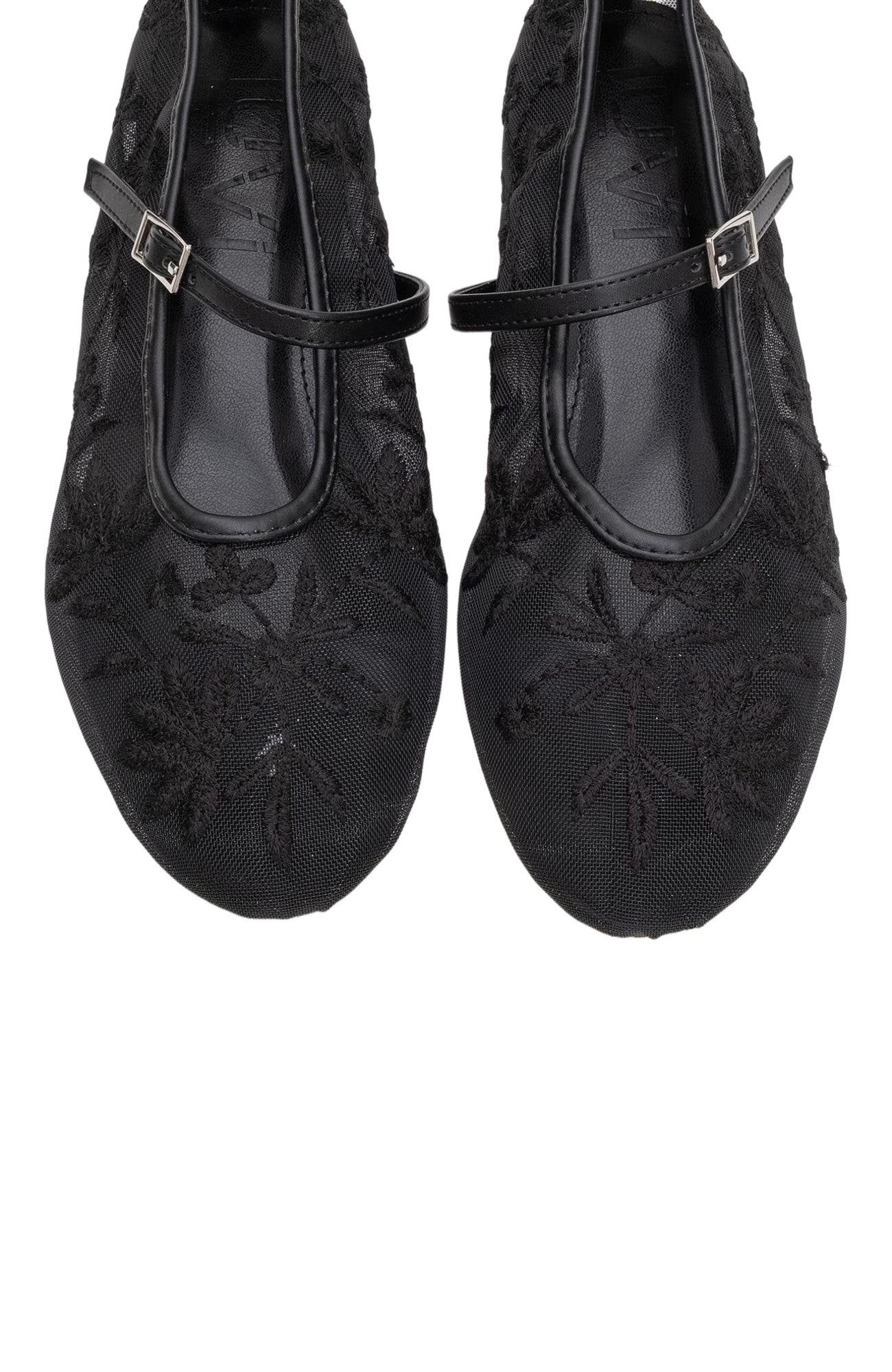 Prologue Shoes Juny Mesh Floral Embroidery Ballet Flat, Alternate, color, Black Faux Leather