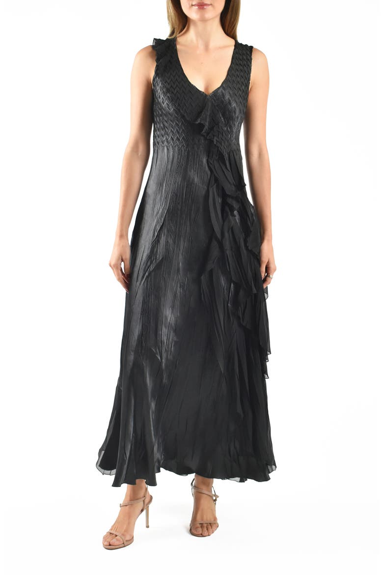 Side Ruffle Charmeuse & Chiffon Gown, Main, color, BLACK