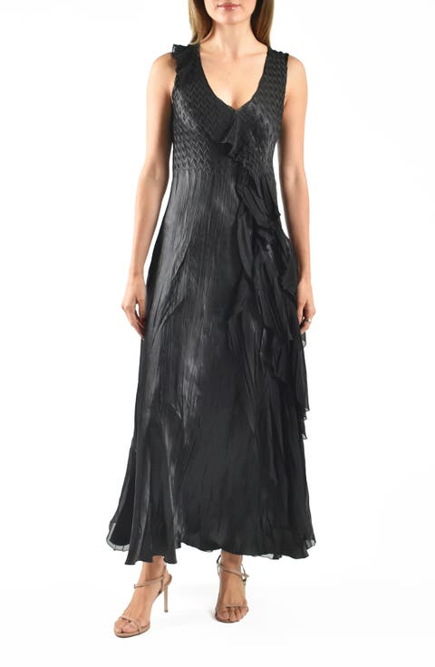 Side Ruffle Charmeuse & Chiffon Gown