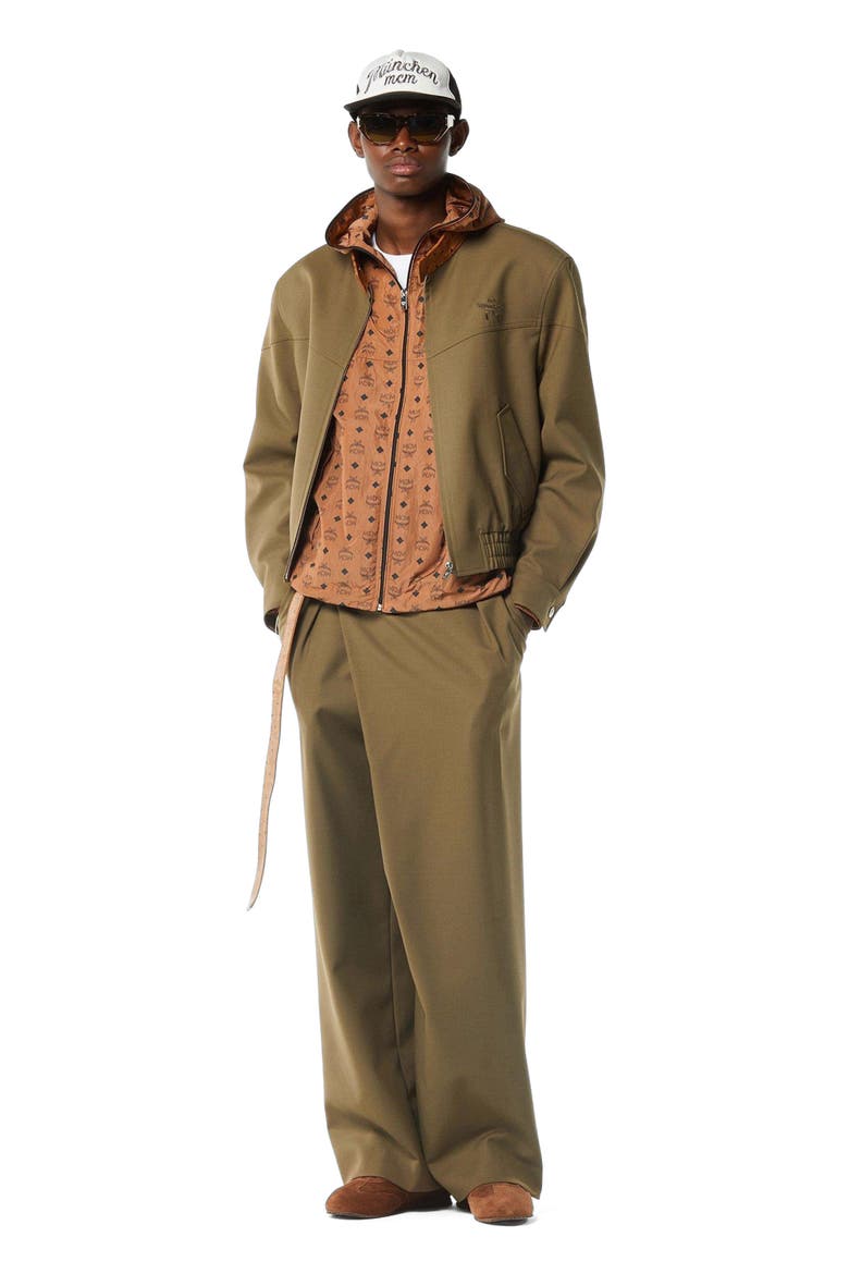 Jacket in Wool Twill and Monogram Print Leather, Alternate, color, Khaki