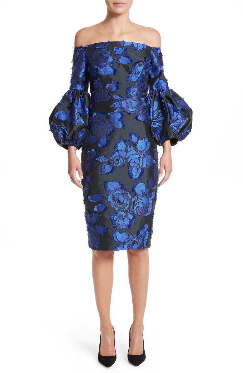 Lela Rose Fring Brocade Puff Sleeve Dress, Main, color,