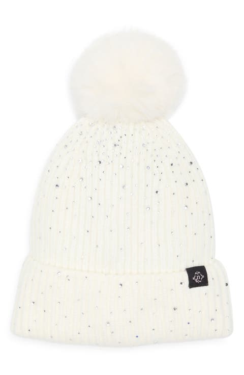 Scattered Rhinestone Beanie with Faux Fur Pompom