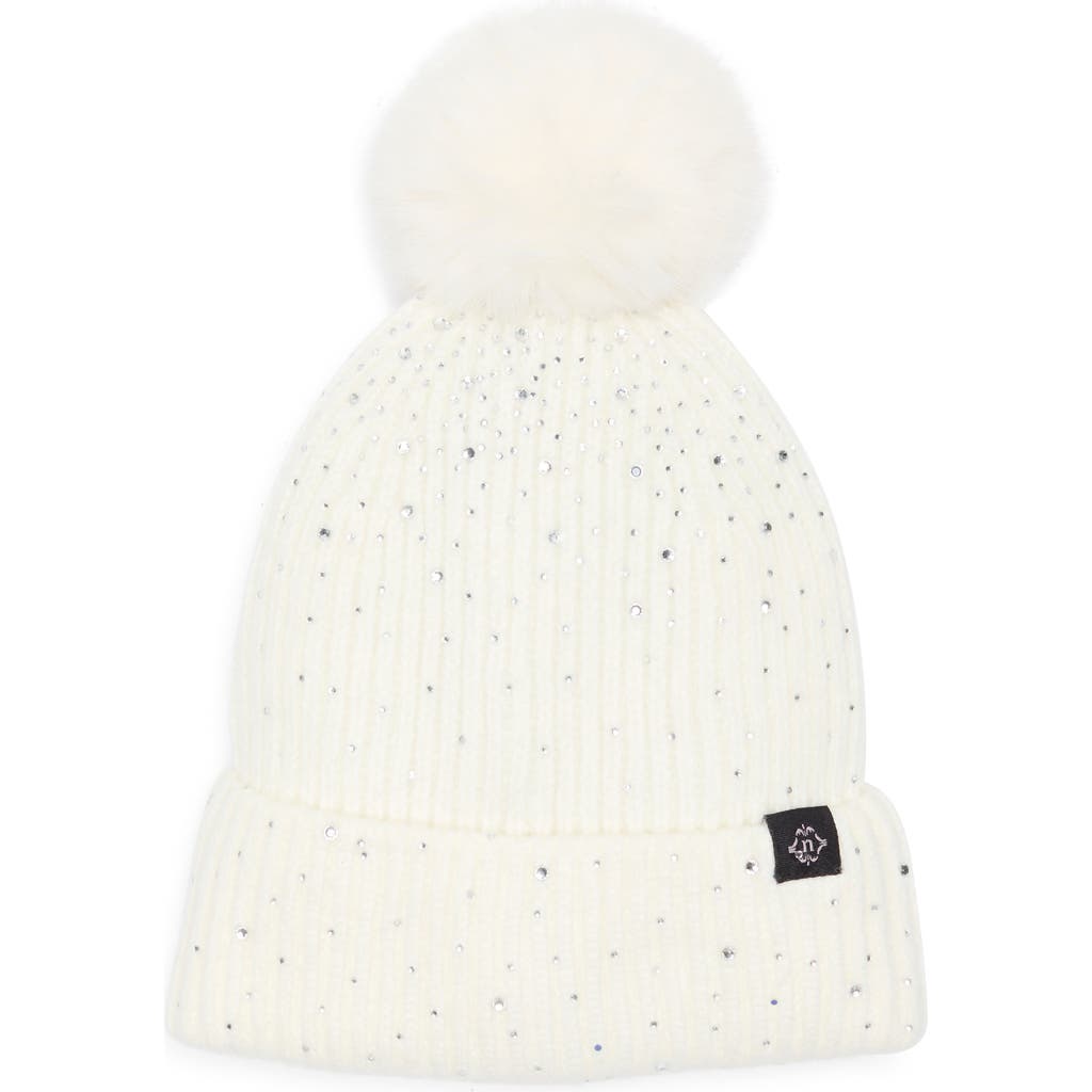 Nanette Lepore Scattered Rhinestone Beanie With Faux Fur Pompom In White