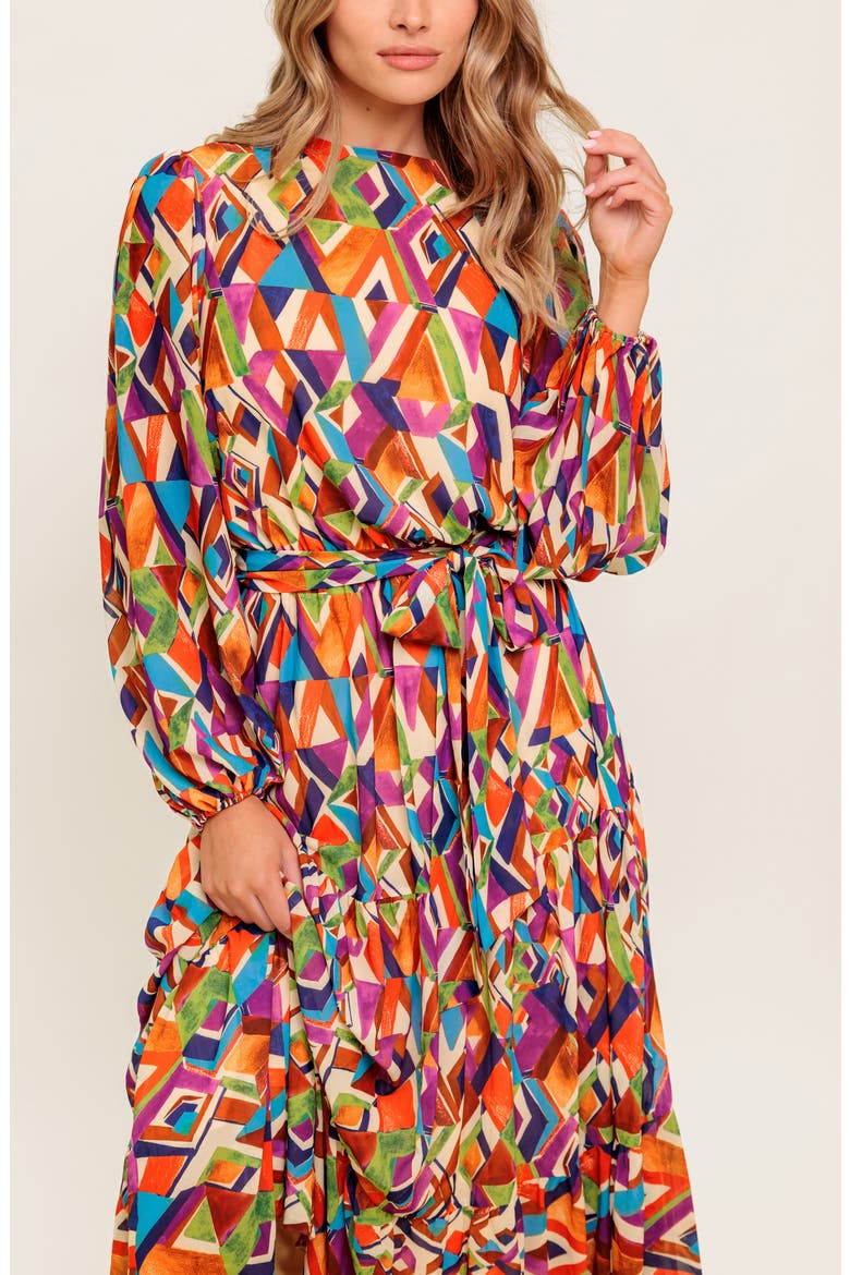 Print Long Sleeve Tiered Midi Dress, Alternate, color, PLUM MATCHA