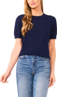 CeCe Short Sleeve Pointelle Stitch Sweater