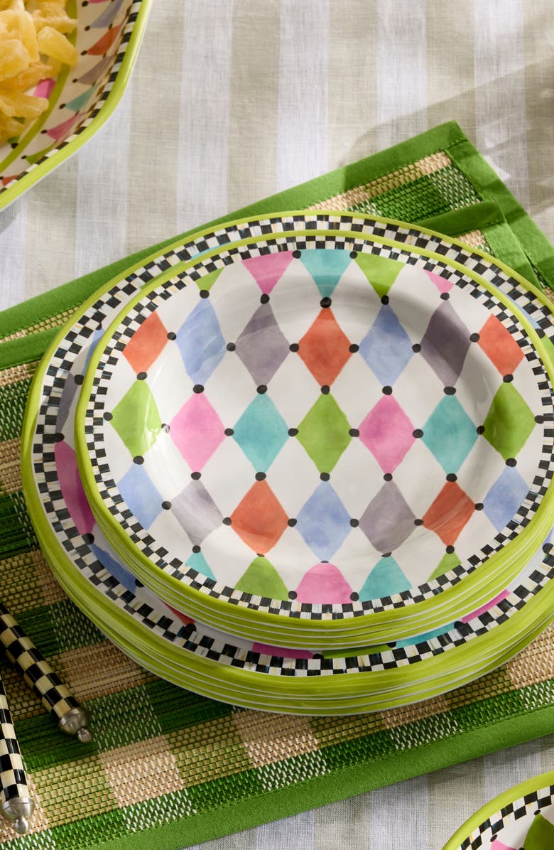 MACKENZIE CHILDS Palm Springs Set of 4 Melamine Dinner Plates, Alternate, color, White Multi