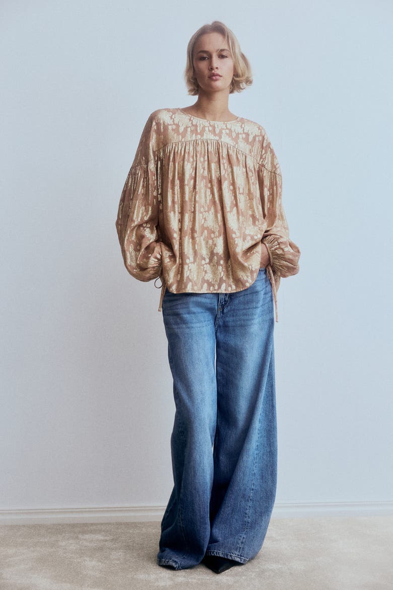 Oversized Jacquard-weave Blouse, Alternate, color, Beige/patterned