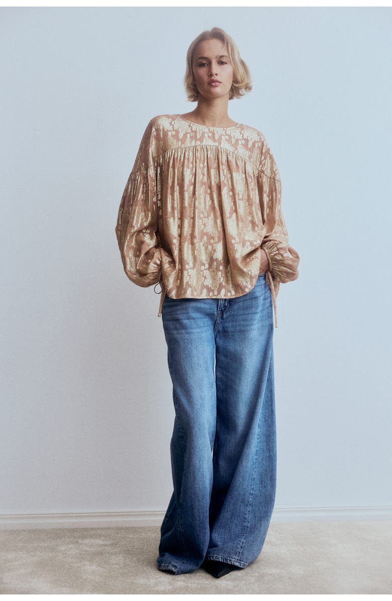 H&M Oversized Jacquard-weave Blouse, Alternate, color, Beige/Patterned