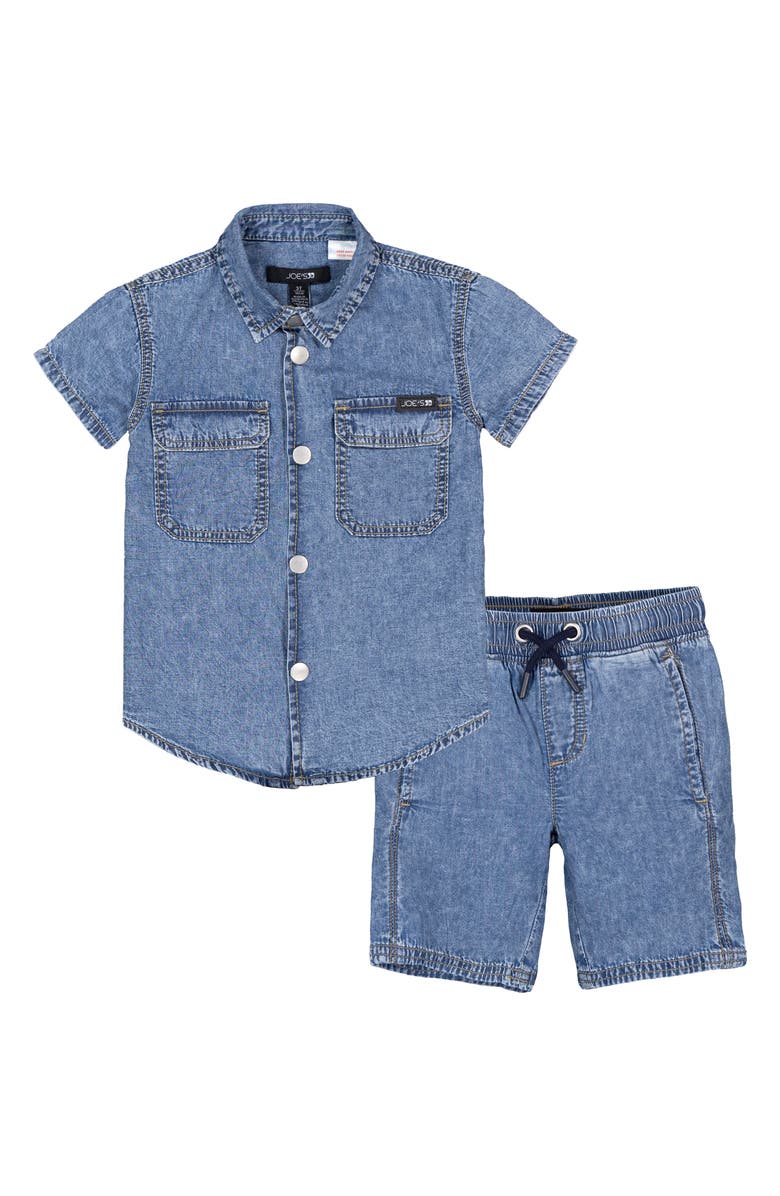Joe's Jeans Kids' Chambray Short Sleeve Snap-Up Shirt & Shorts Set, Main, color, 