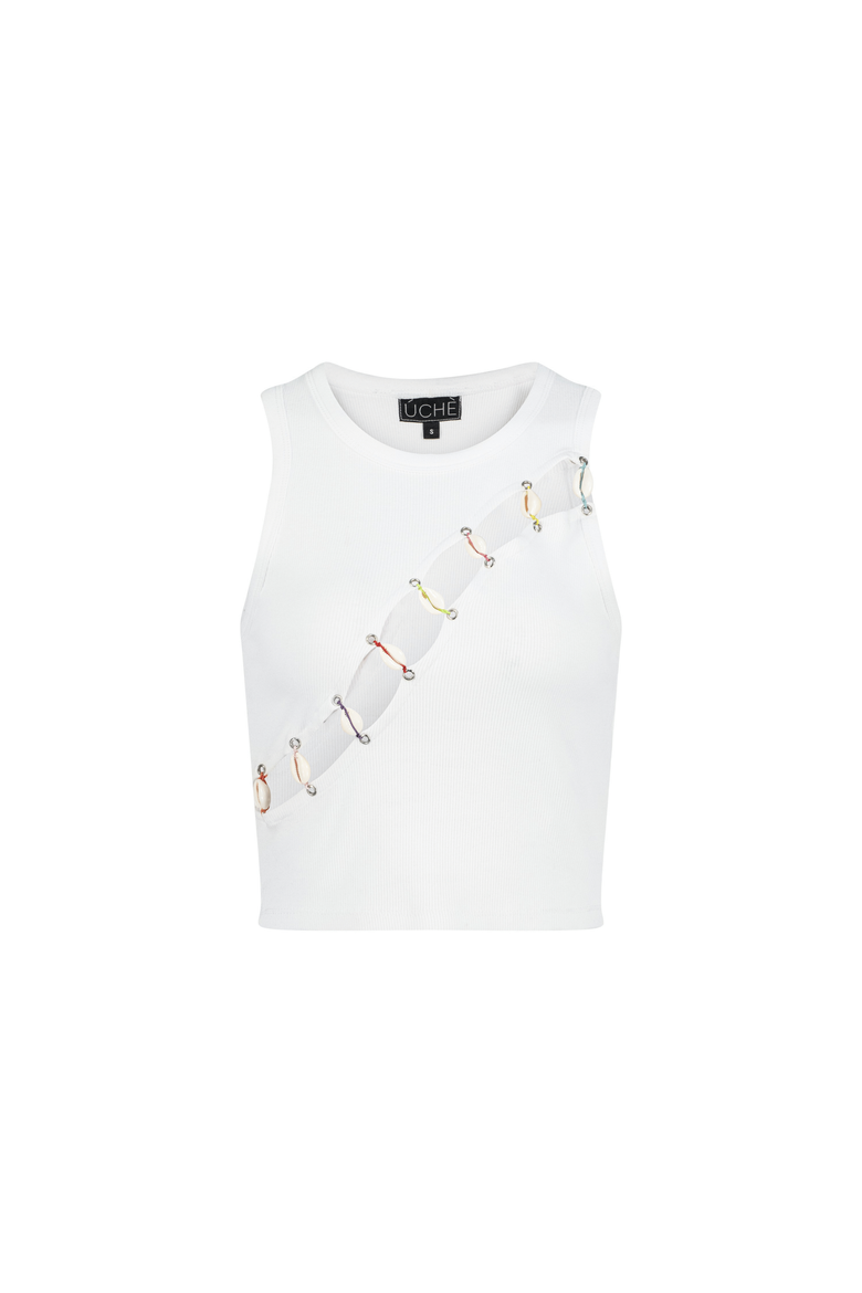 Cowrie Shell Embellished Tank Top, Main, color, White